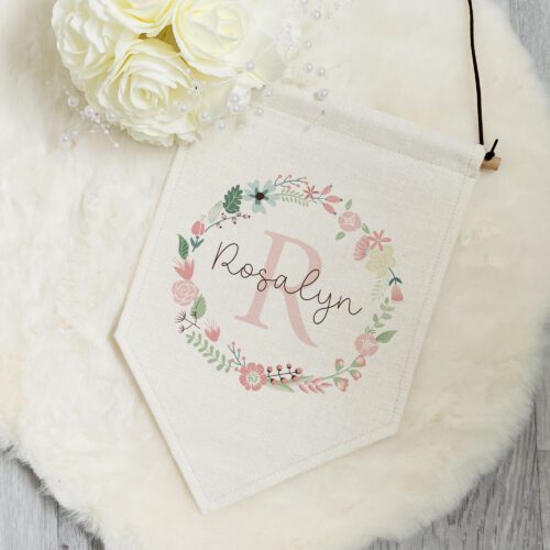 Pink Wreath Name & Initials Pennant Flag